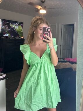 Peach Love California Neon Green Ruffle Sleeve Mini Dress